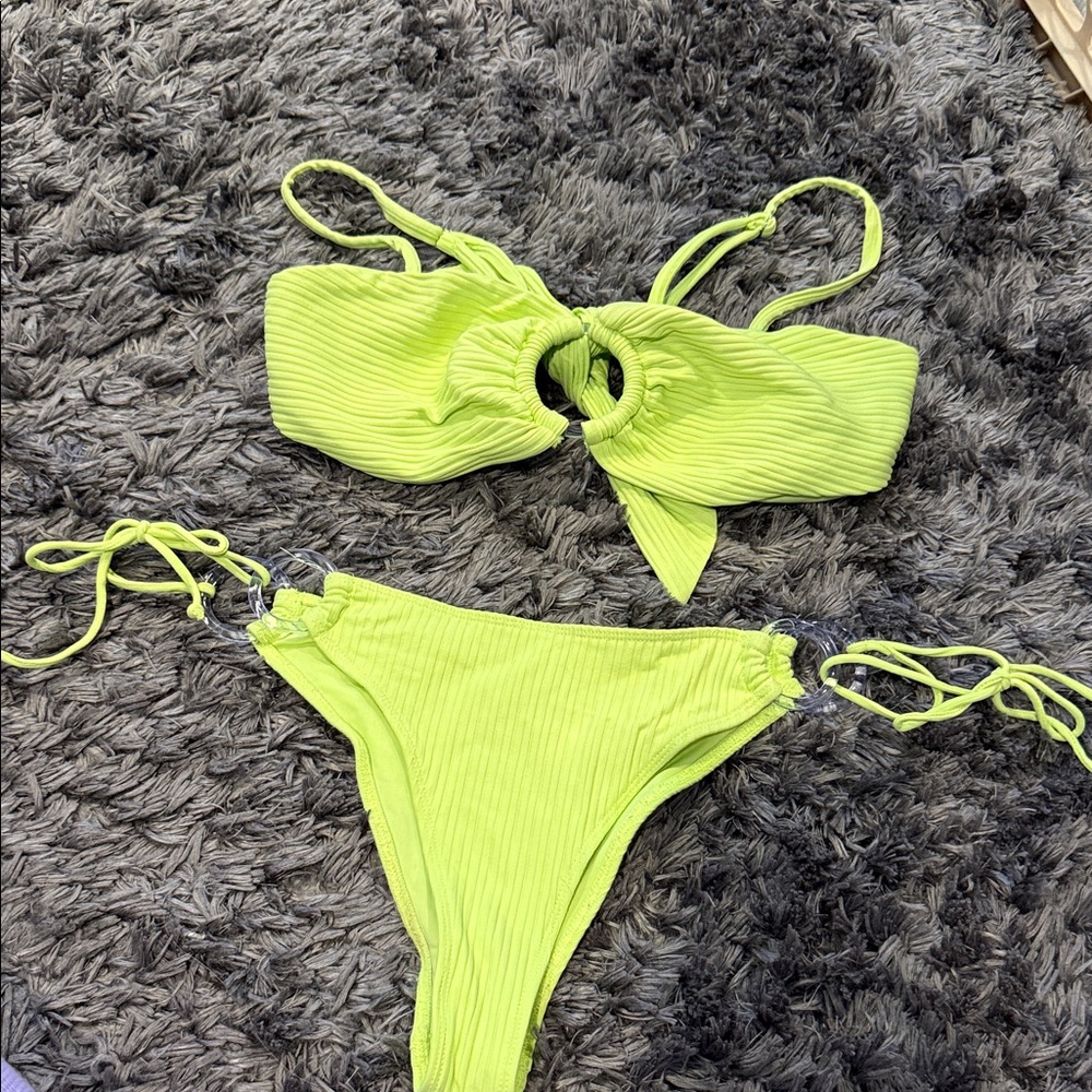 For Love of Lemons Neon Green Ribbed Bikini Set